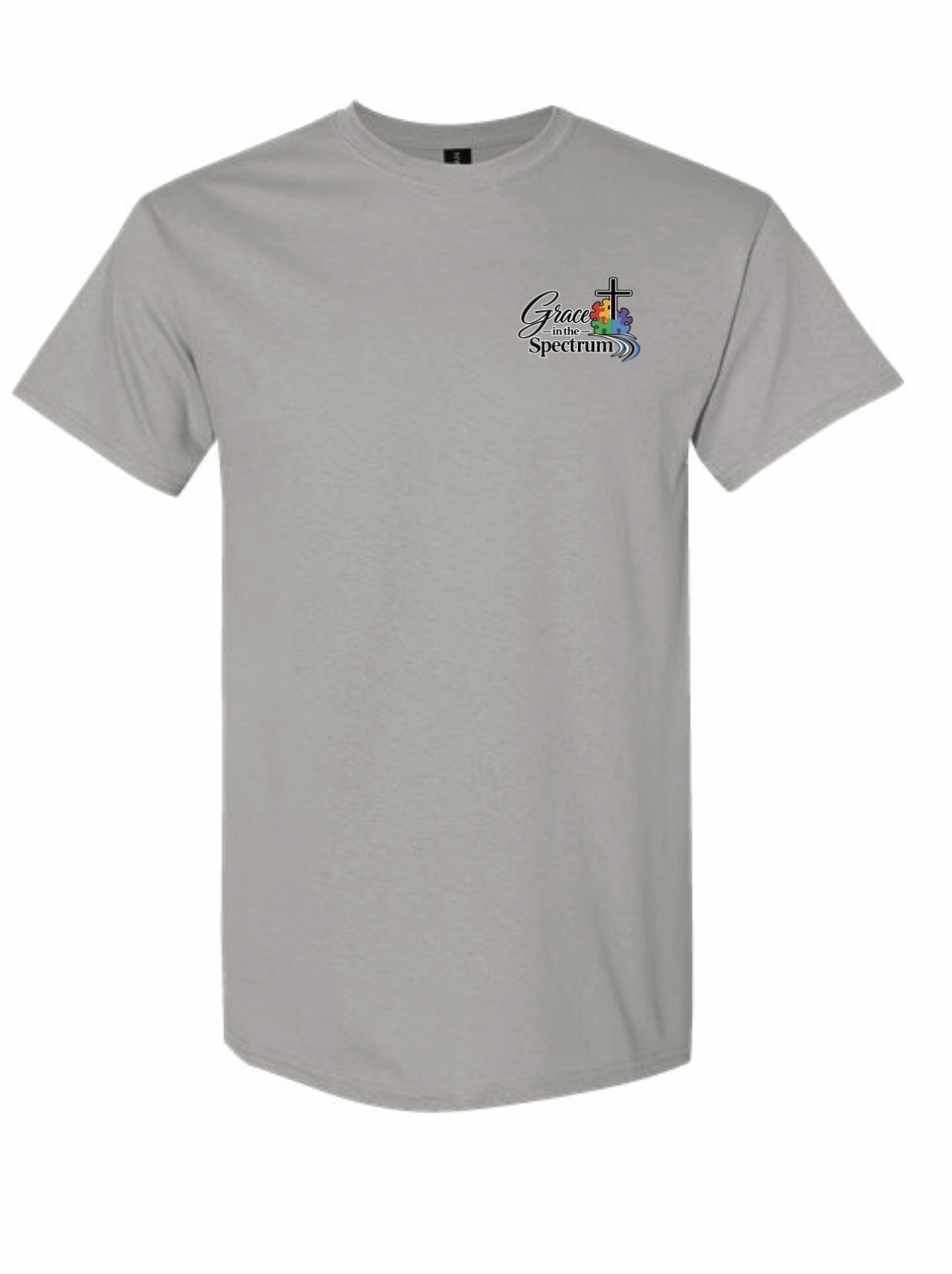 Grey T-Shirt with Grace in the Spectrum Journey design